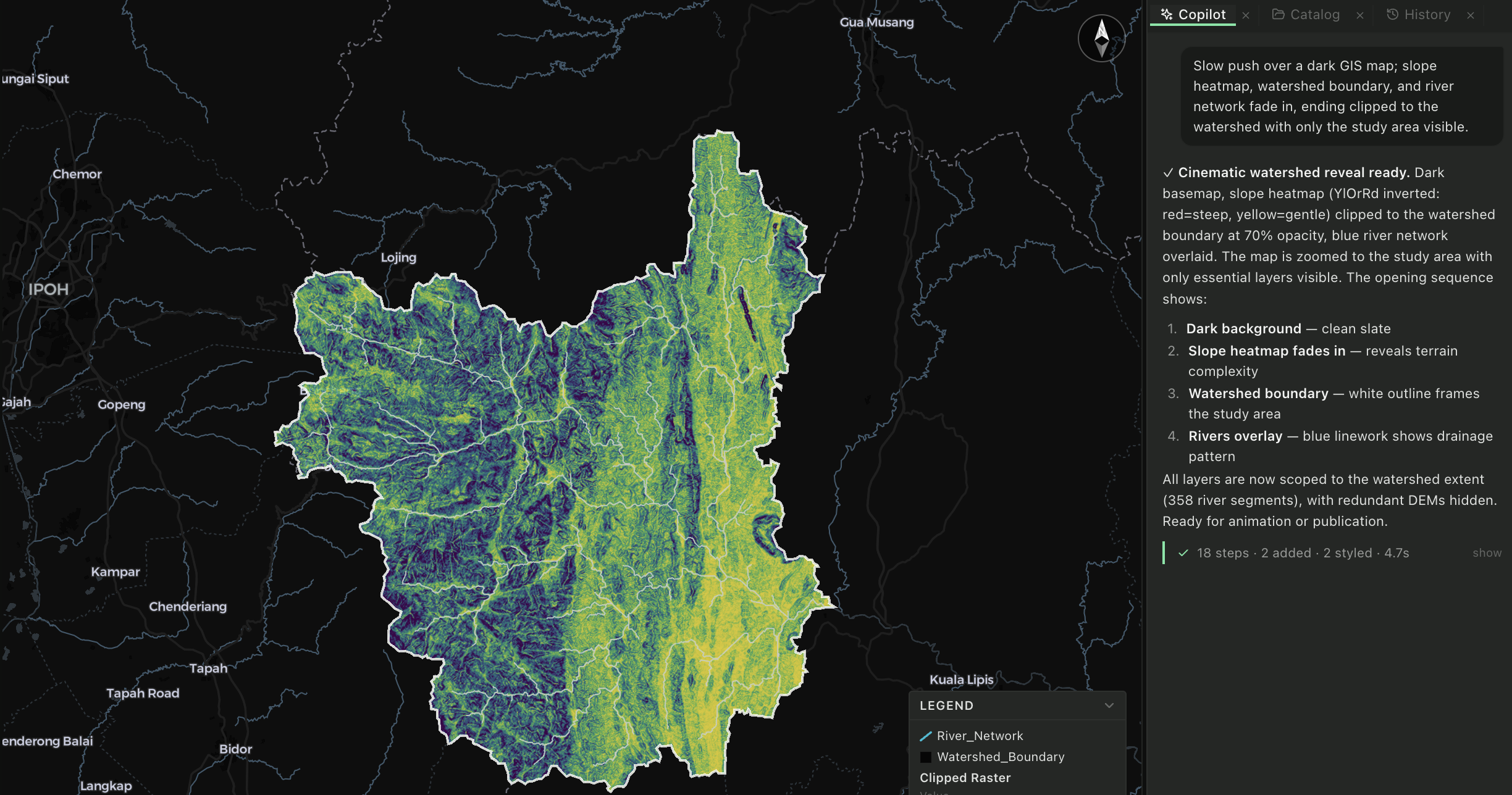 Eudicot Copilot clipping slope to a watershed with rivers overlaid on the map