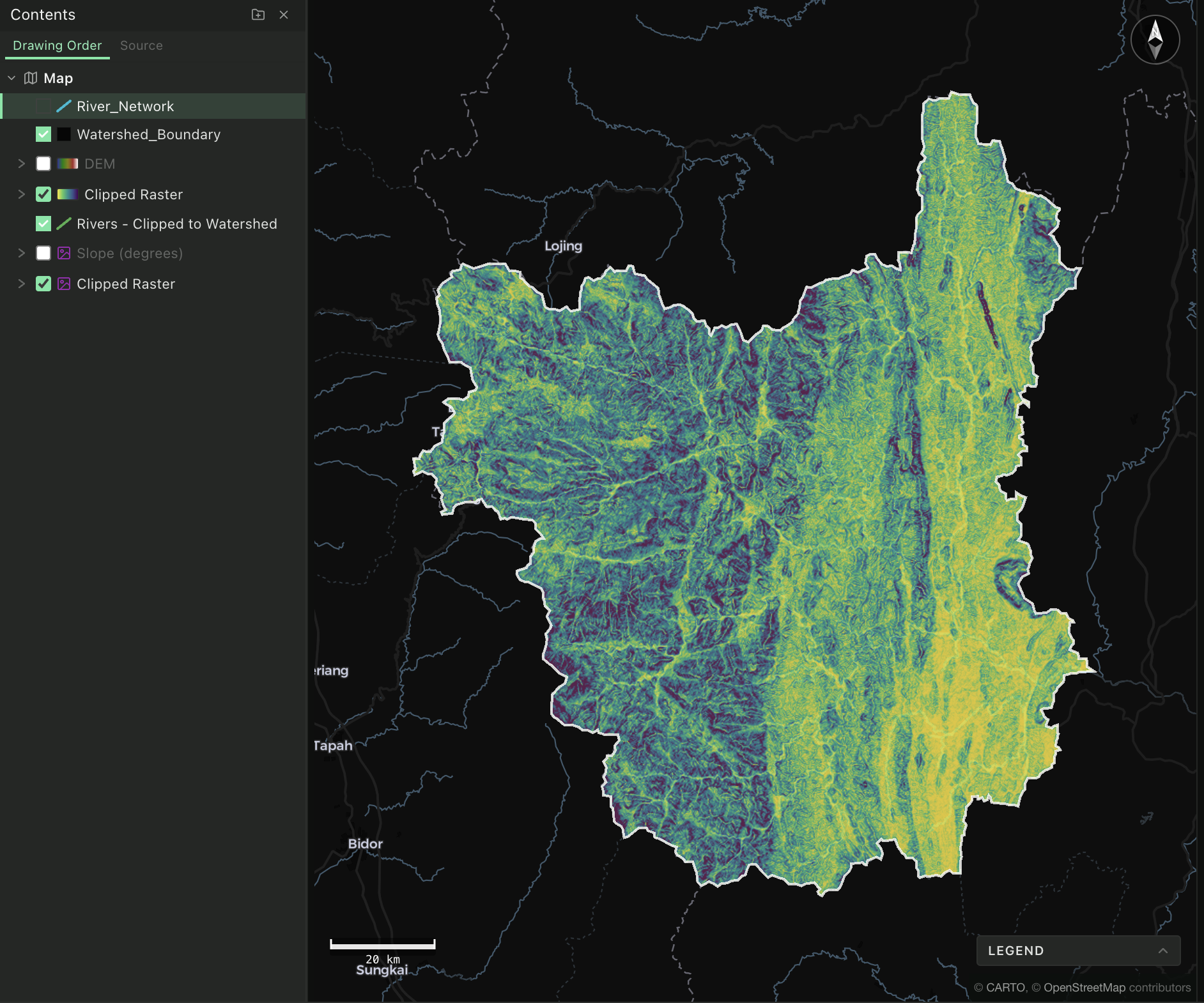 Layer tree showing watershed, rivers, DEM, and clipped rasters in one map project