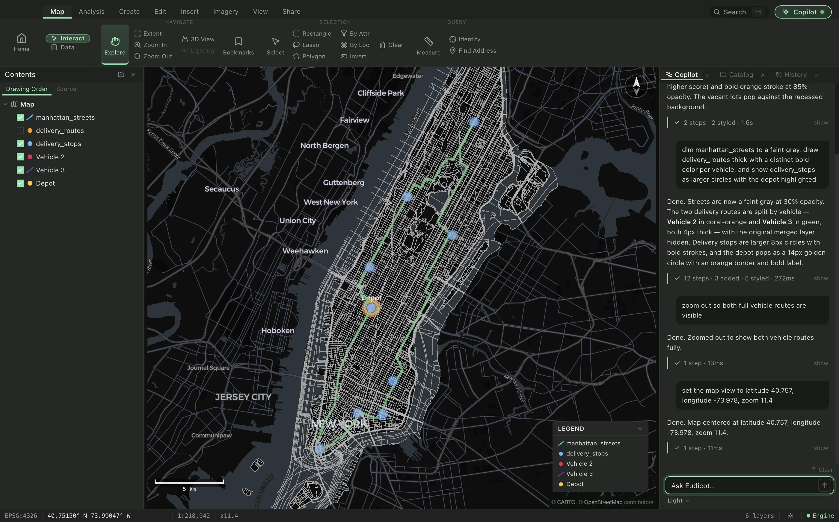 Two optimized delivery routes threading the full Manhattan street network, with eight stops and a labeled depot, solved with OR-Tools on real centerline data
