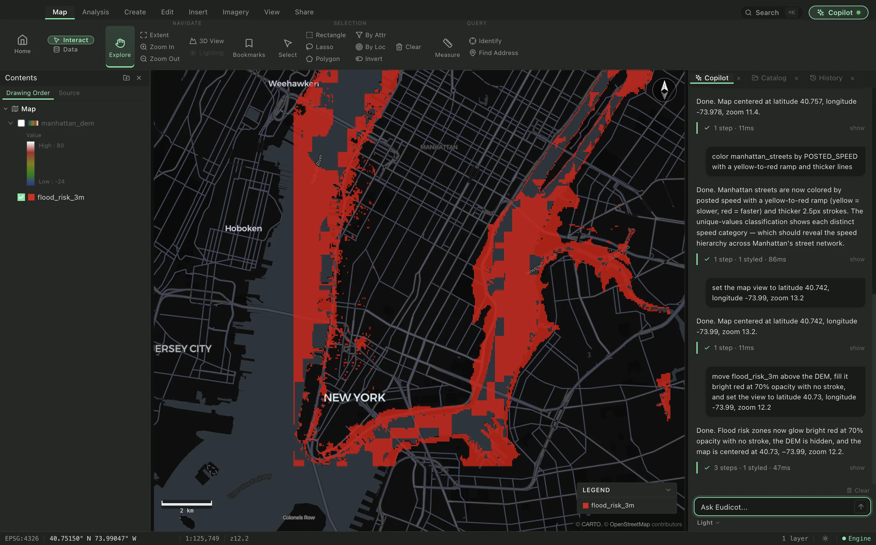Land below three meters of elevation flagged in red along both Manhattan waterfronts, derived from the digital elevation model