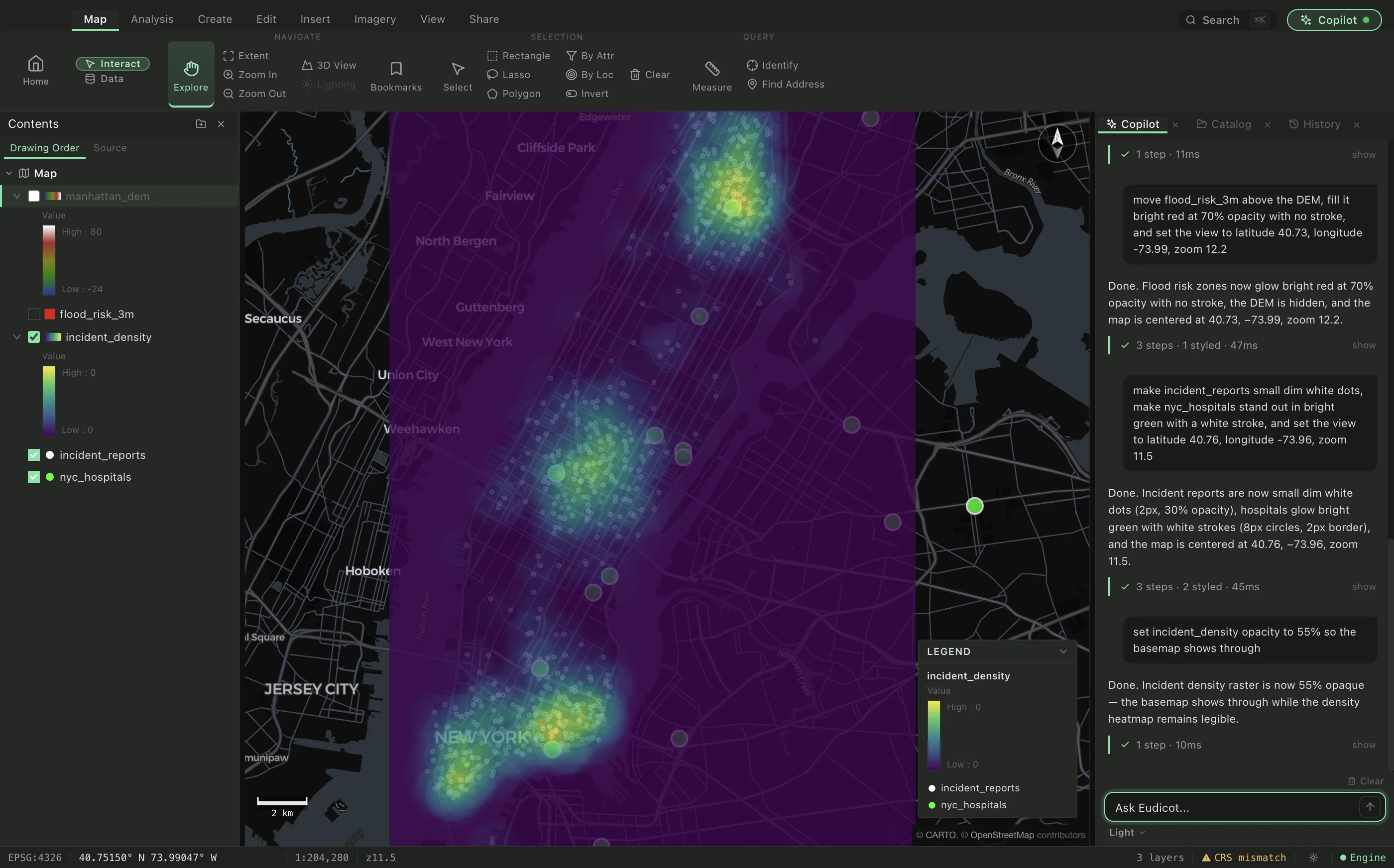 A kernel-density heat surface of 650 incident reports with individual reports as white dots and hospitals highlighted in green