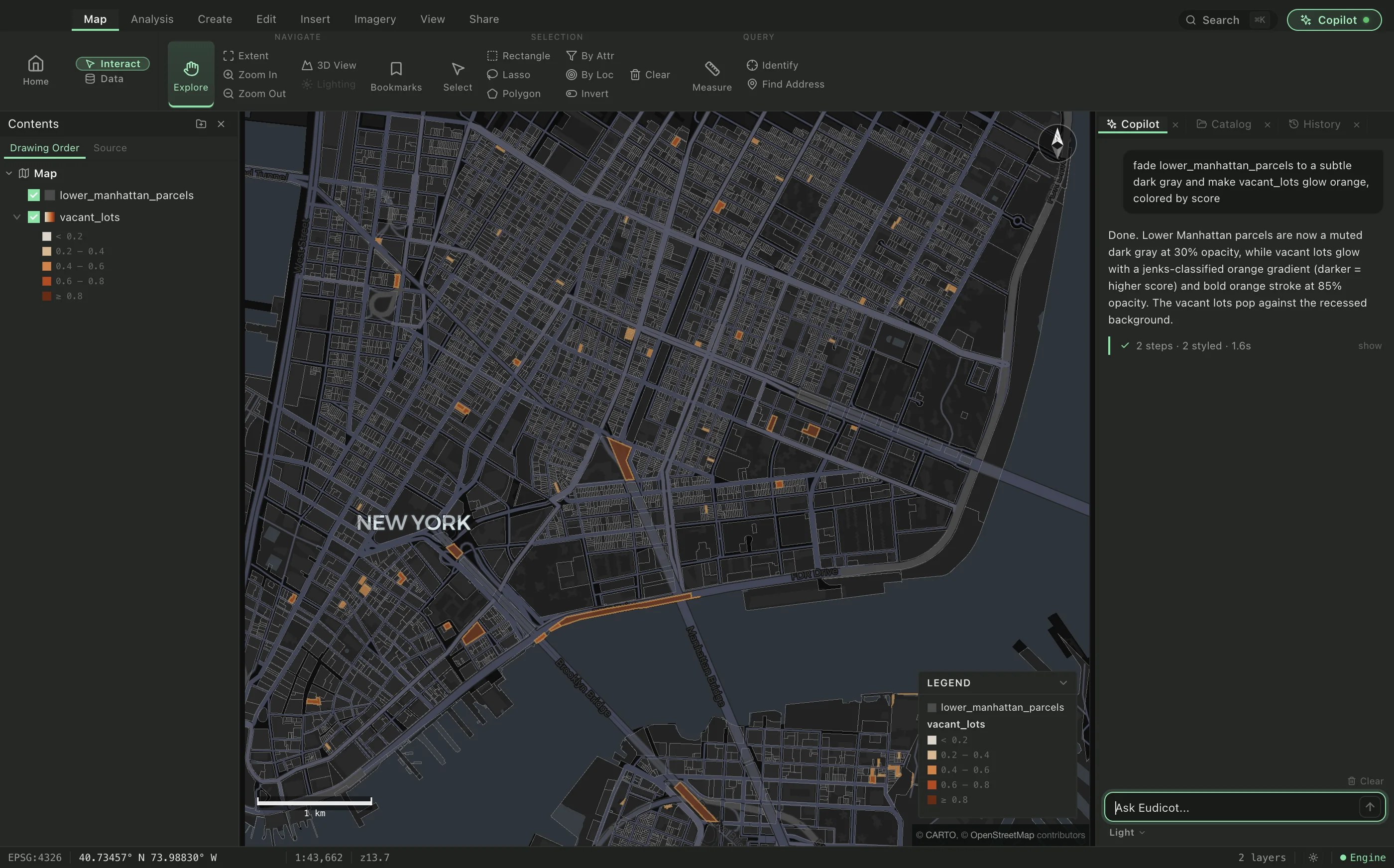Vacant candidate lots glowing orange over 7,000 faded MapPLUTO parcels in Lower Manhattan, scored and styled by the copilot in one ask
